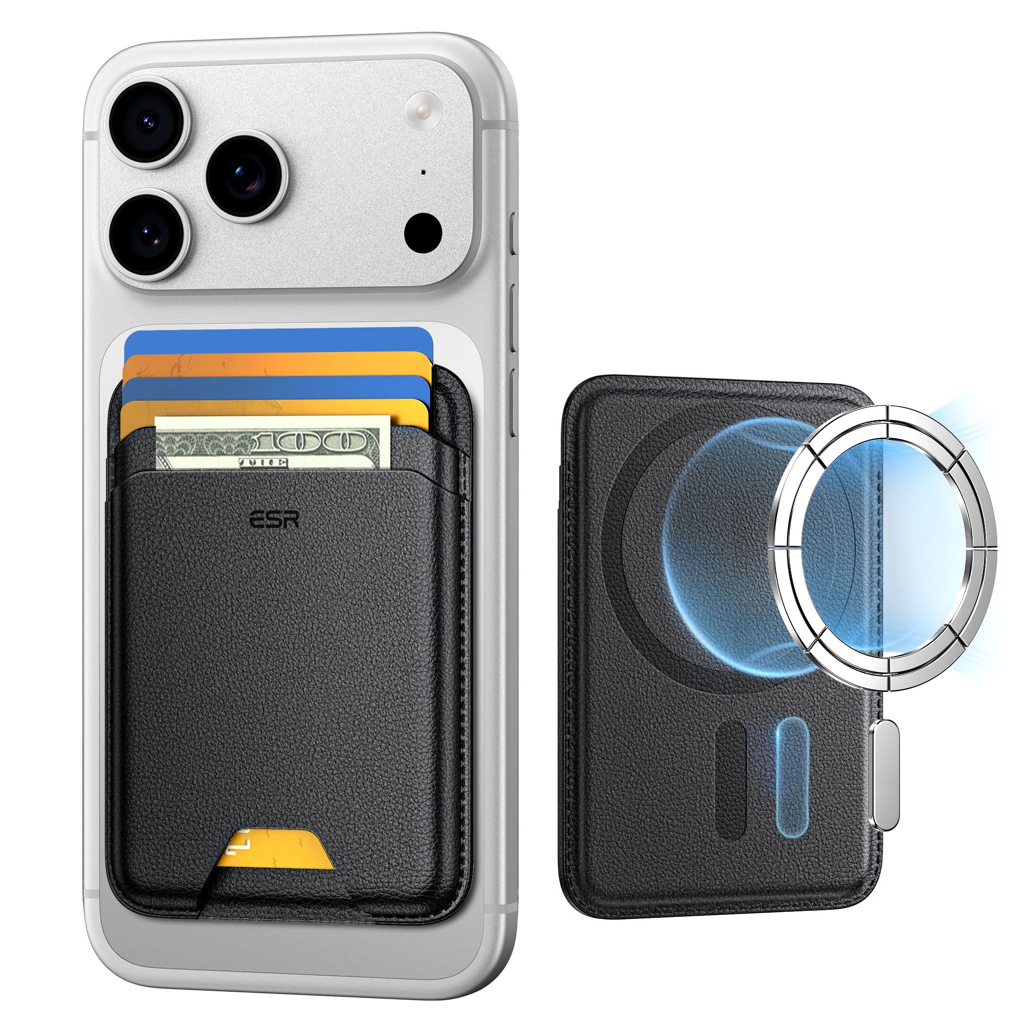 Photo 1 of ESR for MagSafe Wallet, 5-Card Holder, Magnetic Wallet for iPhone, RFID Blocking, with 3,200 g Magnetic Strength, Vegan Leather, Slim for iPhone 17/16/15/14/13/12 Series, Not for 13/12 Mini, Black