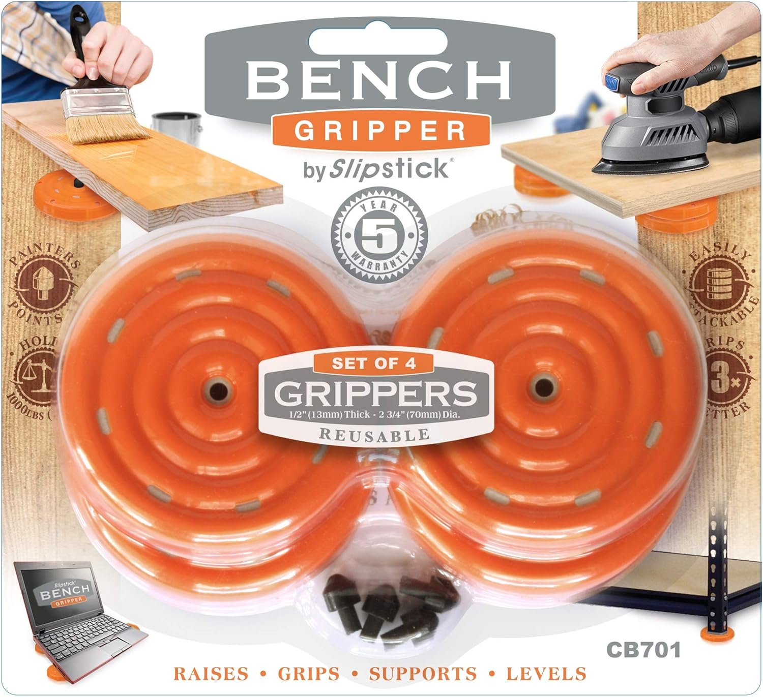 Slipstick CB700 Universal Bench Grippers with Non Slip Grip Surface for Woodworking, Painting, Leveling, Raising, and Supporting (Set of 8) 2-3/4” Round x ½” Tall-Orange, 8 Pack, 8 Count - - 