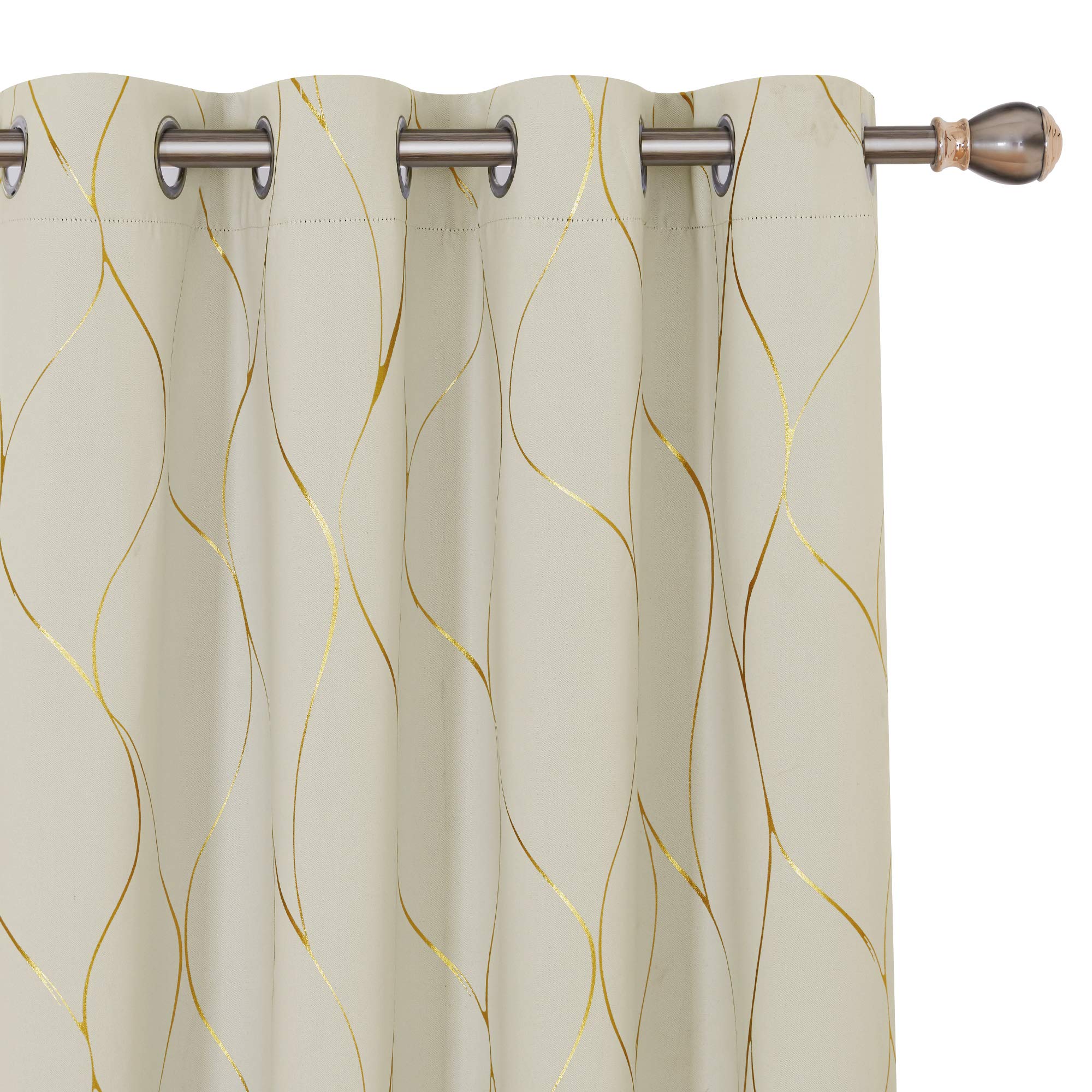 Deconovo Gold Wave Print Blackout Curtains for Bedroom, Thermal Insulated Curtains for Living Room, Room Darkening Drapes (Light Beige/Wave, 52x108 Inch, 2 Panels)OEKO-TEX STANDARD 100