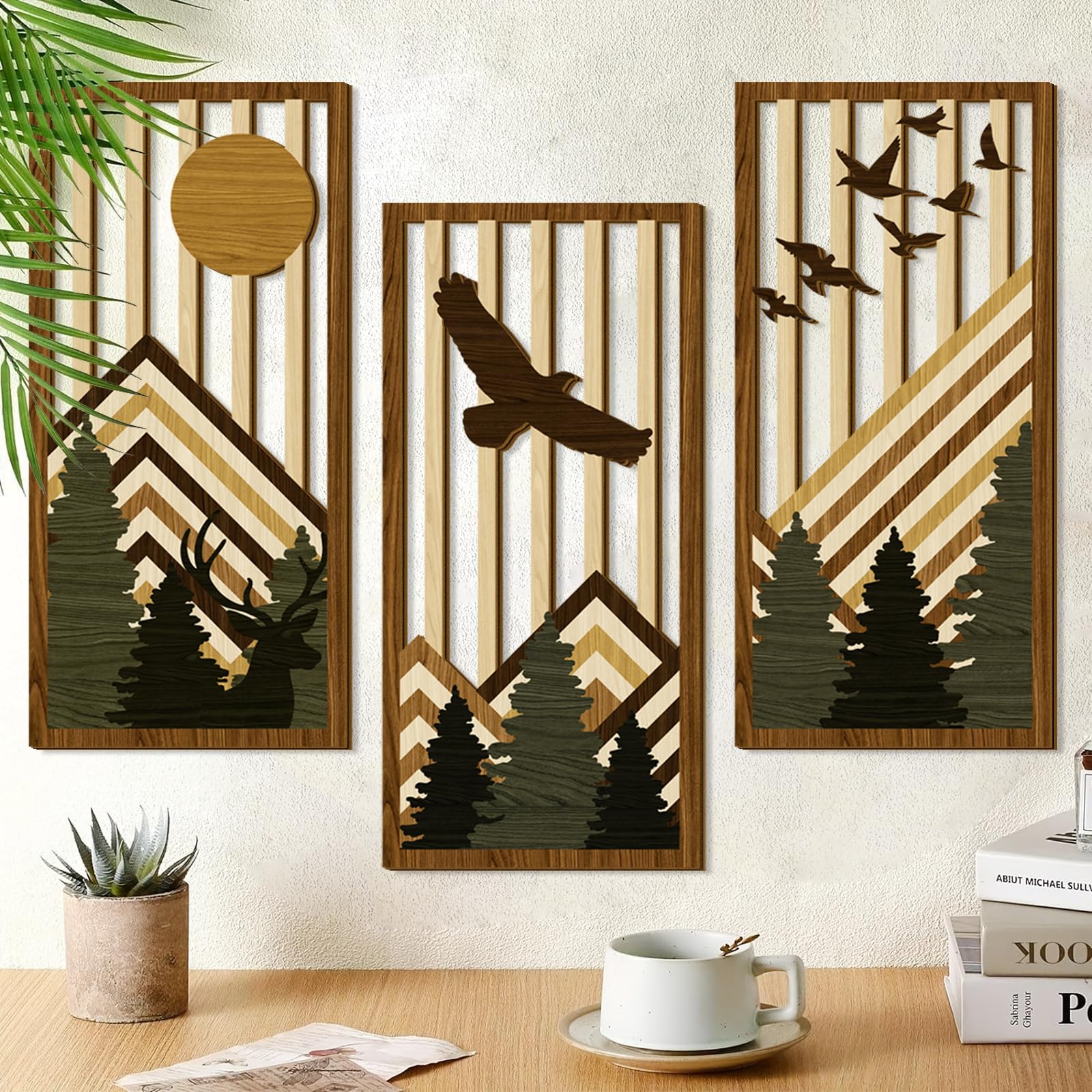 Photo 1 of 3 Pcs Wooden Boho Mountain Wall Art Mid Century Modern Wall Decor Nature Geometric Line Artwork for Living Room Rustic Home Indoor Decoration MCM Landscape Hanging Plaque for Bedroom Office Accents