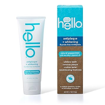 Amazon Com Hello Oral Care Fluoride Free Antiplaque And Whitening Toothpaste Vegan Sls Free Natural Peppermint With Tea Tree Oil Coconut Oil 4 7 Ounce Health Personal Care