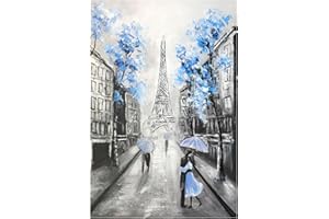 YPY Blue Floral Paris Canvas Wall Art: Black White Eiffel Tower Picture for Living Room Decor, Grey Hand Painted Textured Oil Painting Large Modern Artwork Home Decoration 12" x 17"