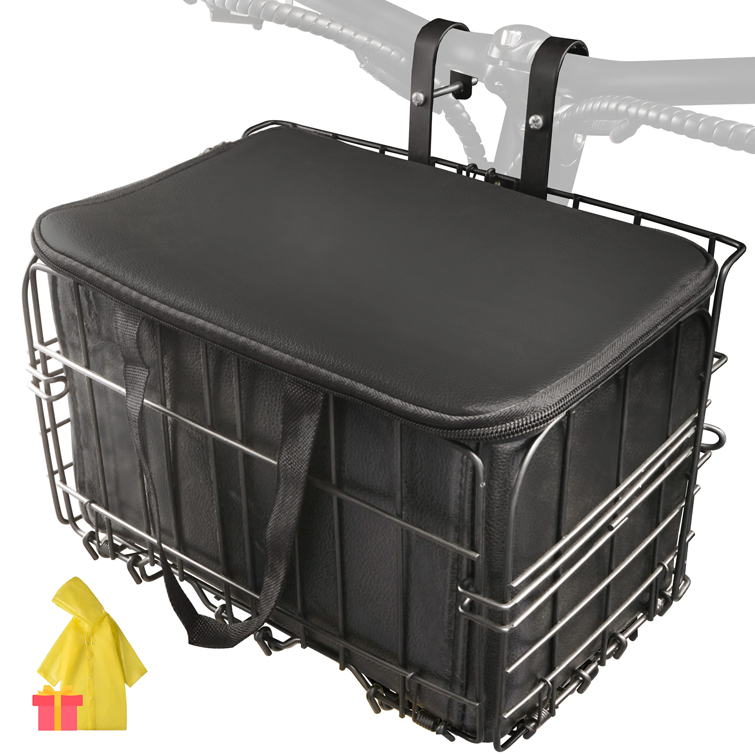 Photo 1 of Himiway Folding Bike Front Basket with PU Liner Bag Rainproof Rust Proof Heavy Duty Metal Bicycle Frame Basket Removable Front Bag Rear Hanging Cargo Rack Bearing 66 lbs Basket for Mountain Bike