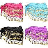 4 Pcs Belly Dance Hip Scarf, Belly Dancing Skirt with 128 Gold Coins, Belly Dancer Belt Scarf Skirt for Women 4 Colors