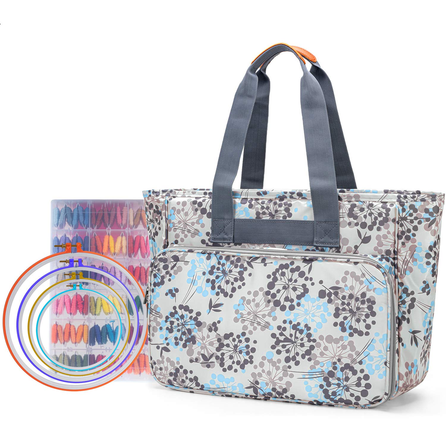 Yarwo Tote Bag for Embroidery Kits, Embroidery Starter Kits Organiser with Multiple Pockets, Embroidery Storage Bag for Embroidery Hoops, Embroidery Floss or Other Supplies, Dandelion (Bag Only)