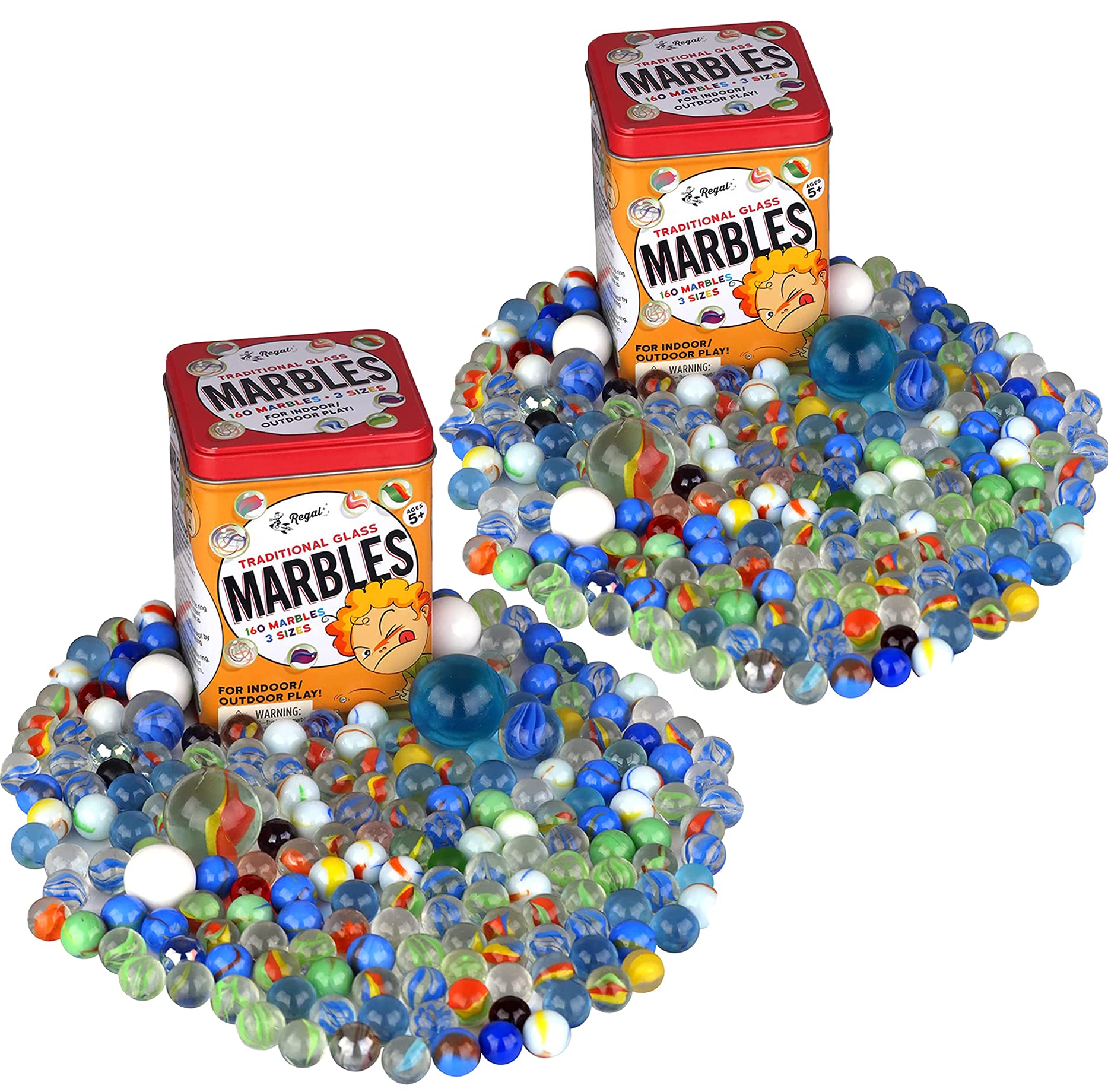 Regal Games 160 Count Traditional Glass Marbles with a Storage Tin, 3 Sizes, Variety of Patterns