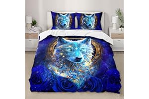 AILONEN Wolf Duvet Cover Set - Queen Size, Blue Rose Galaxy Bedding Set with Glitter Mystery Wolf Head Printed Comforter Cover Set for Boys & Girls, 1 Quilt Cover and 2 Pillowcases