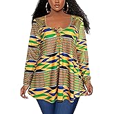 Afibi Women's Long Sleeve Henley T Shirts Button Down Loose Fit Tops Scoop Neck African Dashiki Shirts