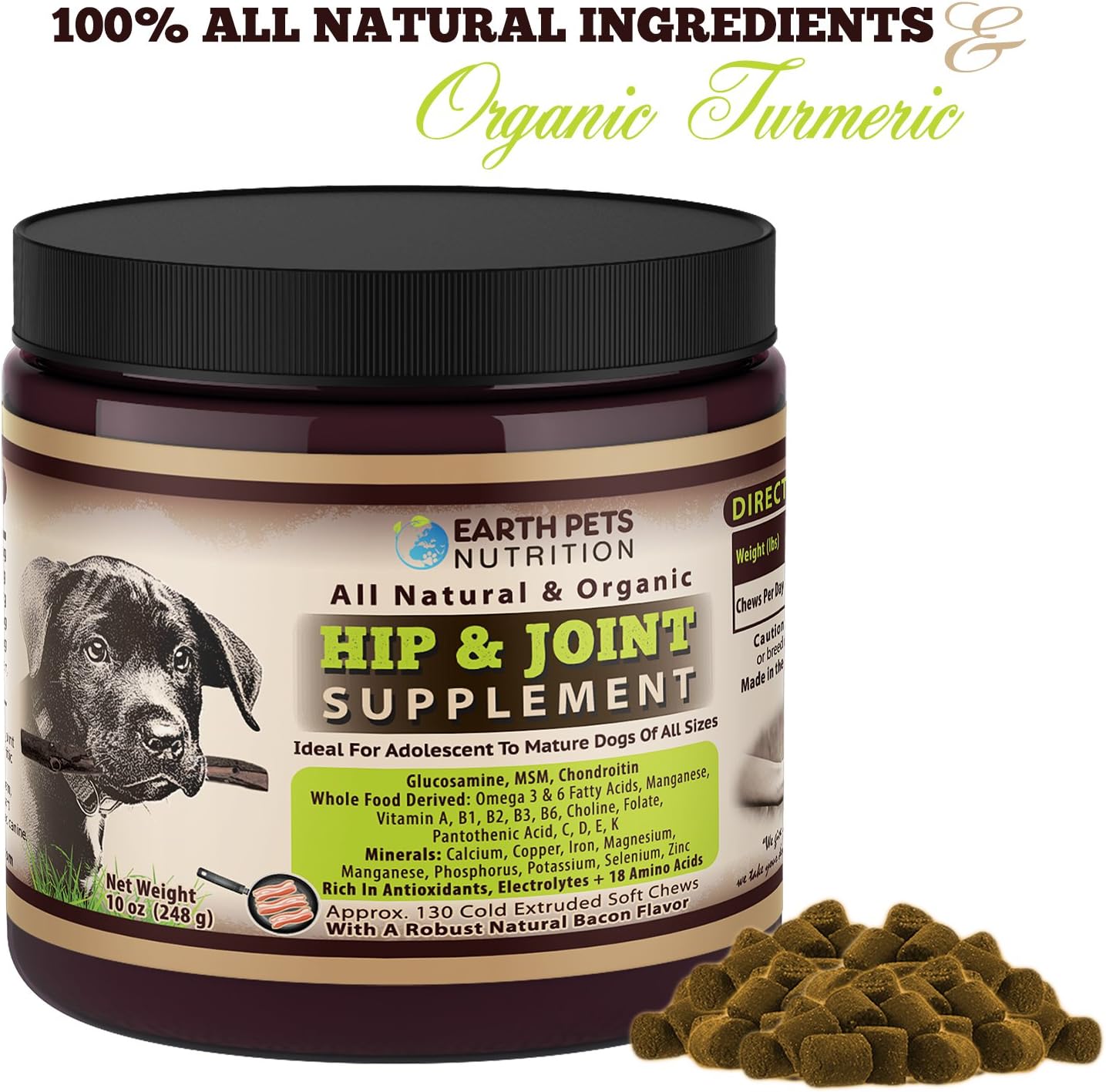 Earth Pets Nutrition, All Natural and Organic Hip and Joint Supplement and Dog Vitamin, Glucosamine, Chondroitin, MSM, Yucca and Organic Turmeric for Dogs, 130 Soft Chew Treats