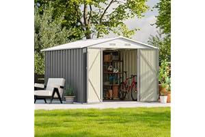 Patiowell 8x10 FT Outdoor Storage Shed, Large Garden Tool Metal Shed with Sloping Roof and Double Lockable Door, Outdoor Sheds for Backyard Garden Patio Lawn,Grey