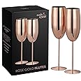 Oak & Steel - Set of 2 Rose Gold Champagne Flutes (10 oz) Stainless Steel Stemmed Champagne Glasses for Mimosa, Prosecco, Toasting, Gift for Bride & Groom, Wedding, Christmas, Valentines, Anniversary