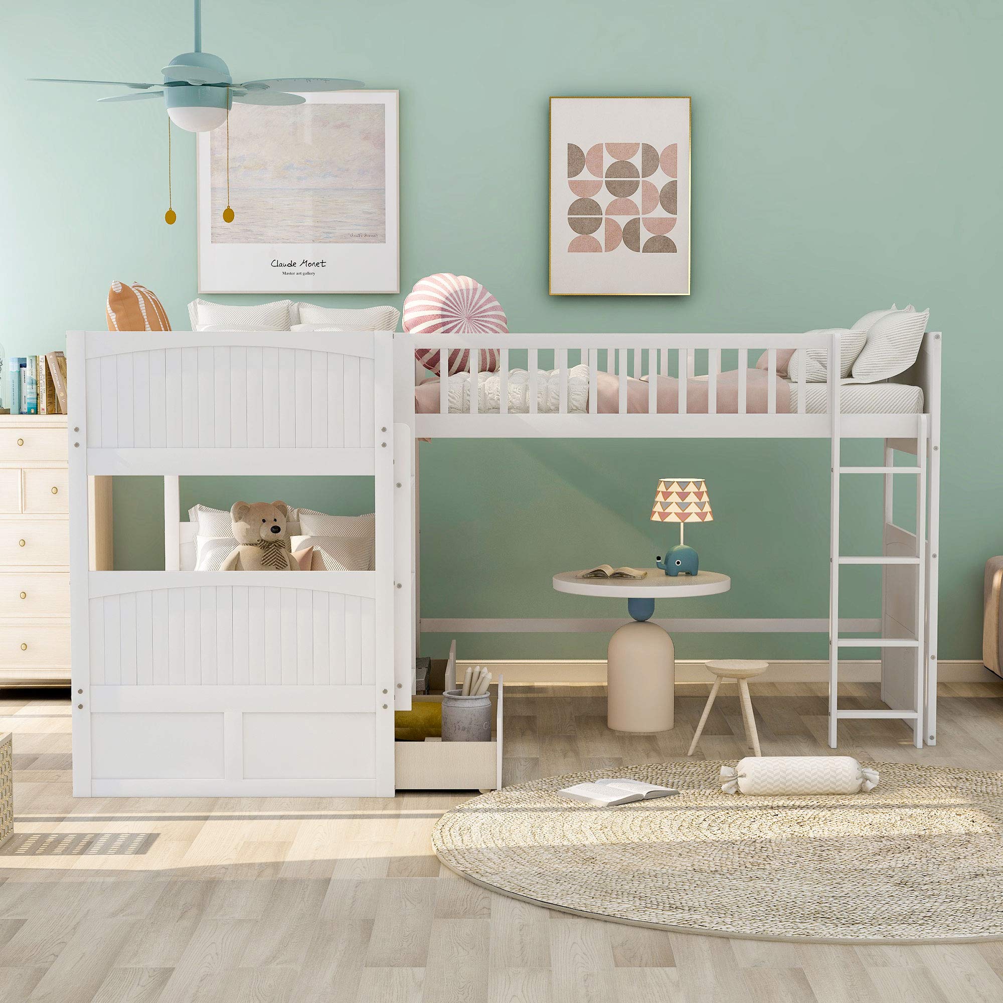 Triple Bed Twin-Over-Twin-Over-Twin Bed L Shaped Bunk Bed with 2 Drawers and 2 Ladders, No Box Spring Needed