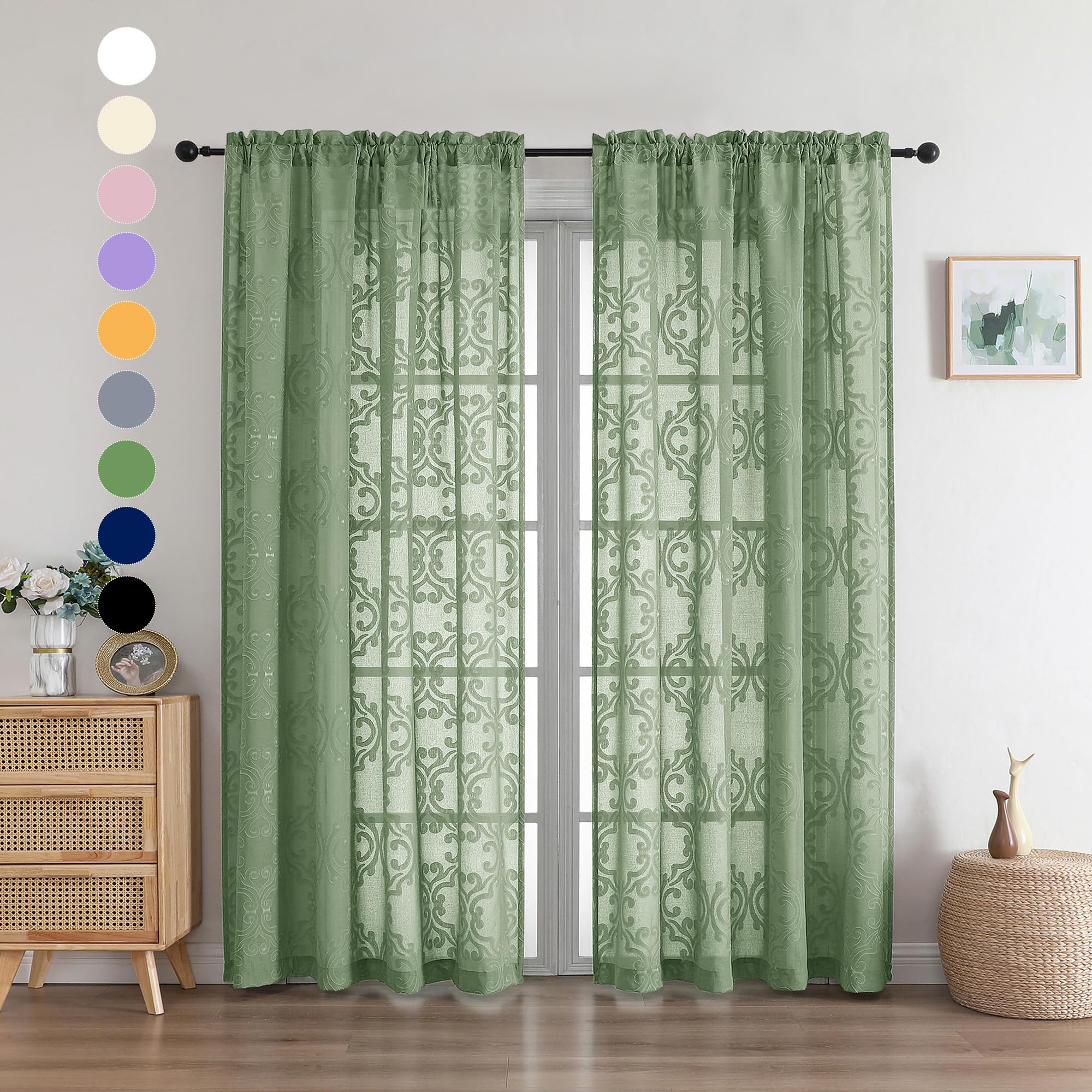 Photo 1 of Aiyufeng Sheer Green Curtains 72 Inches Long 2 Panels, 3D Floral Clip Jacquard Transparent Light Weight Soft Window Treatments See Through Curtains, Rod Pocket for Bedroom Living Room, 54Wx72L Inch