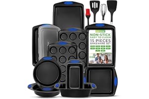 NutriChef 15-Piece Stackable Baking Pan Set - Nonstick Easy Clean Coating, Carbon Steel Bakeware, Professional Home Kitchen Bakeware with Cookie Sheet Trays & Blue Silicone Handles (Gray)