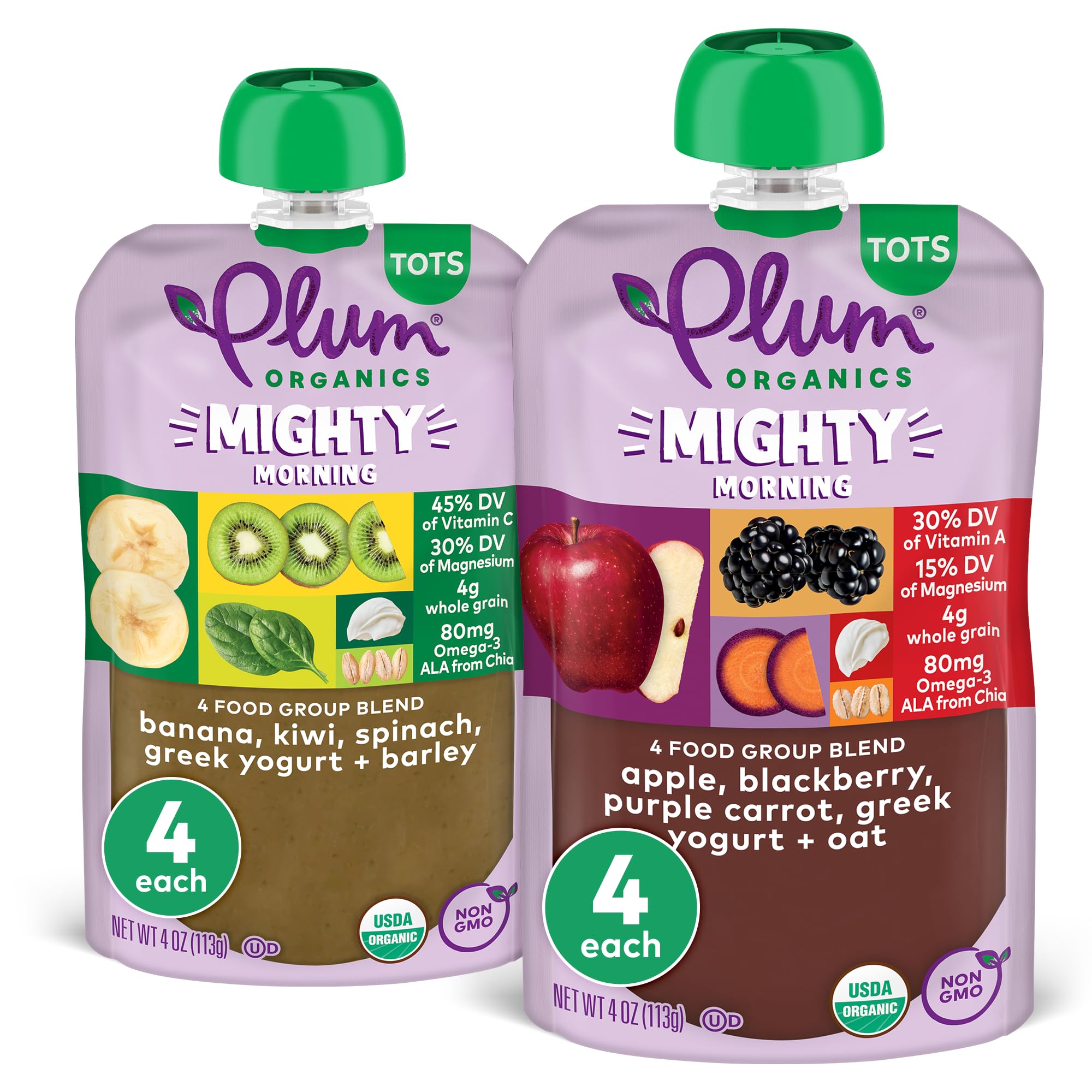 Plum Organics Mighty Morning Organic Toddler Food - Variety Pack - 4 oz Pouch (Pack of 8) - Organic Fruit and Vegetable Toddler Food Pouch