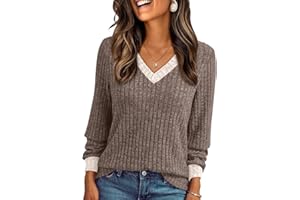 AUTOMET Womens Color Block Long Sleeve Shirt Fall Tops Fashion Outfits Dressy Casual V Neck Tunic Cute Clothes Sweater Trendy