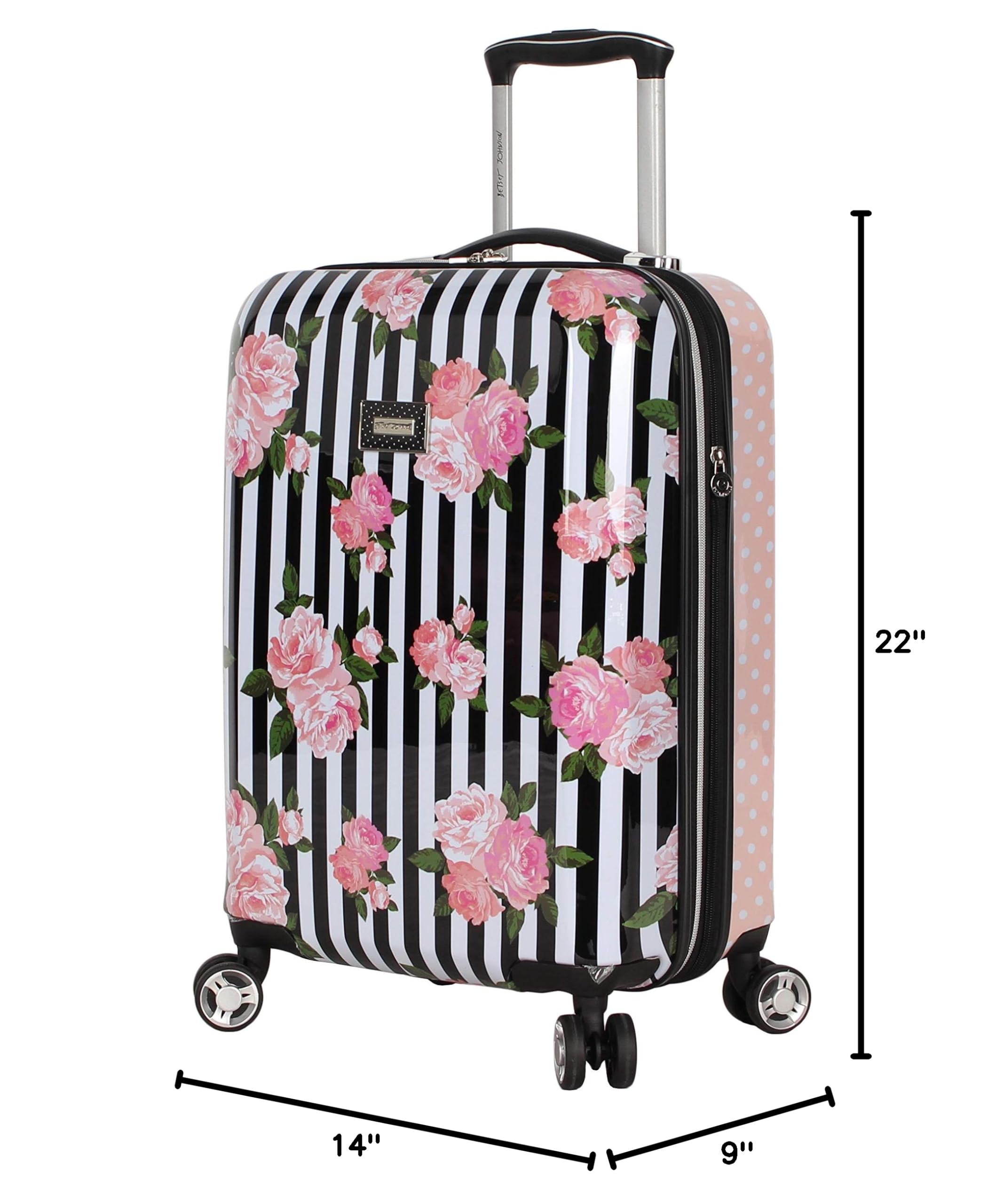 Betsey Johnson Designer 20 Inch Carry On - Expandable (ABS + PC) Hardside Luggage - Lightweight Durable Suitcase With 8-Rolling Spinner Wheels for Women (Stripe Roses)