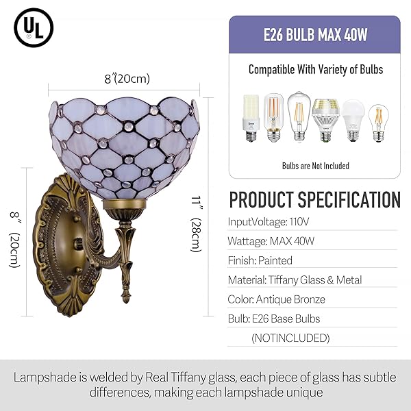 GILGGAK TIFFANY WALL SCONCE HAND-WELD STAINED GLASS BEDSIDE LAMP WITH CLASSIC 8 INCHES LAMPSHADE FOR BEDROOM HALLWAY LIVING ROOM HOME OFFICE (GRAY WHITE)