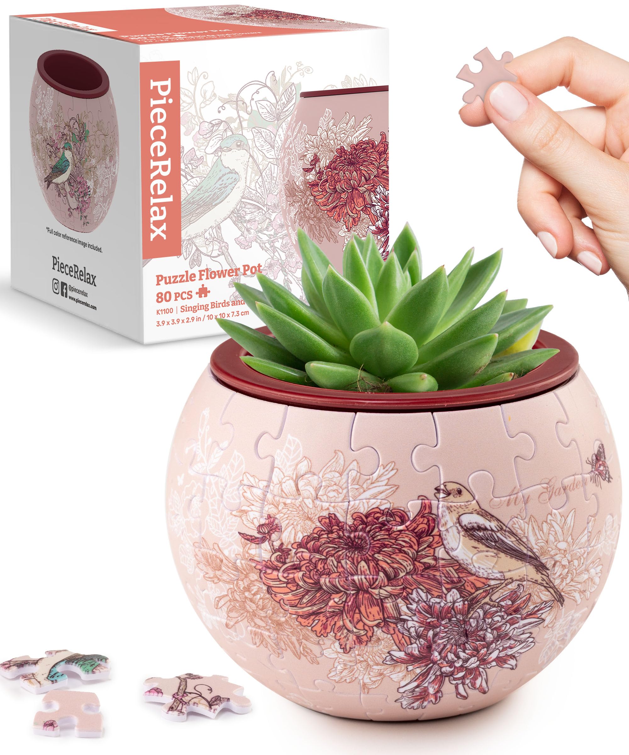 PieceRelax 3D Puzzle Planter - Singing Birds and Flowers - Small Round Plant Pots with Drainage, Home Decor Flower Pots for Indoor Cactus, Succulents Pots [K1100] — image 1
