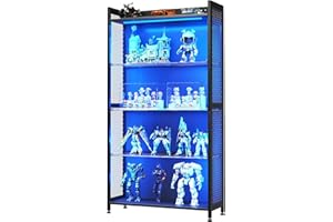 MOTPK Display Cabinet with LED Lights, Display Case with Glass Storage Shelves, 4-Tiers Curio Cabinet for Collectibles, Display Shelf, Black
