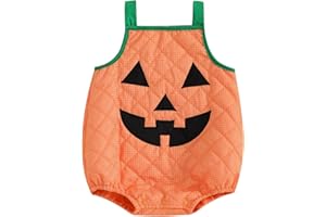 MOLZULAMS Toddler Baby Girl Boy Halloween Outfit Sleeveless Pumpkin Romper Adjustable Shoulder Strap Jumpsuit