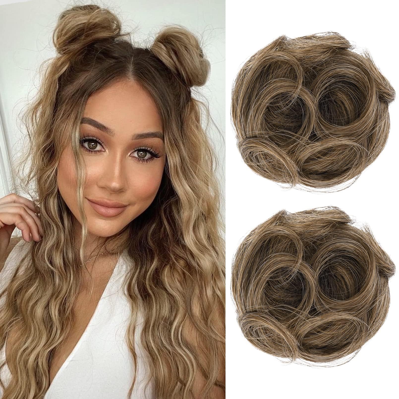 REECHO 2 PCS Mini Claw Clip in Messy & Cat Ears Hair Bun Extensions Wig Accessory Updo Hairpieces for Women Girls (Pack of 2-3.5" Wavy, Light Ash Brown with Highlights) — image 1