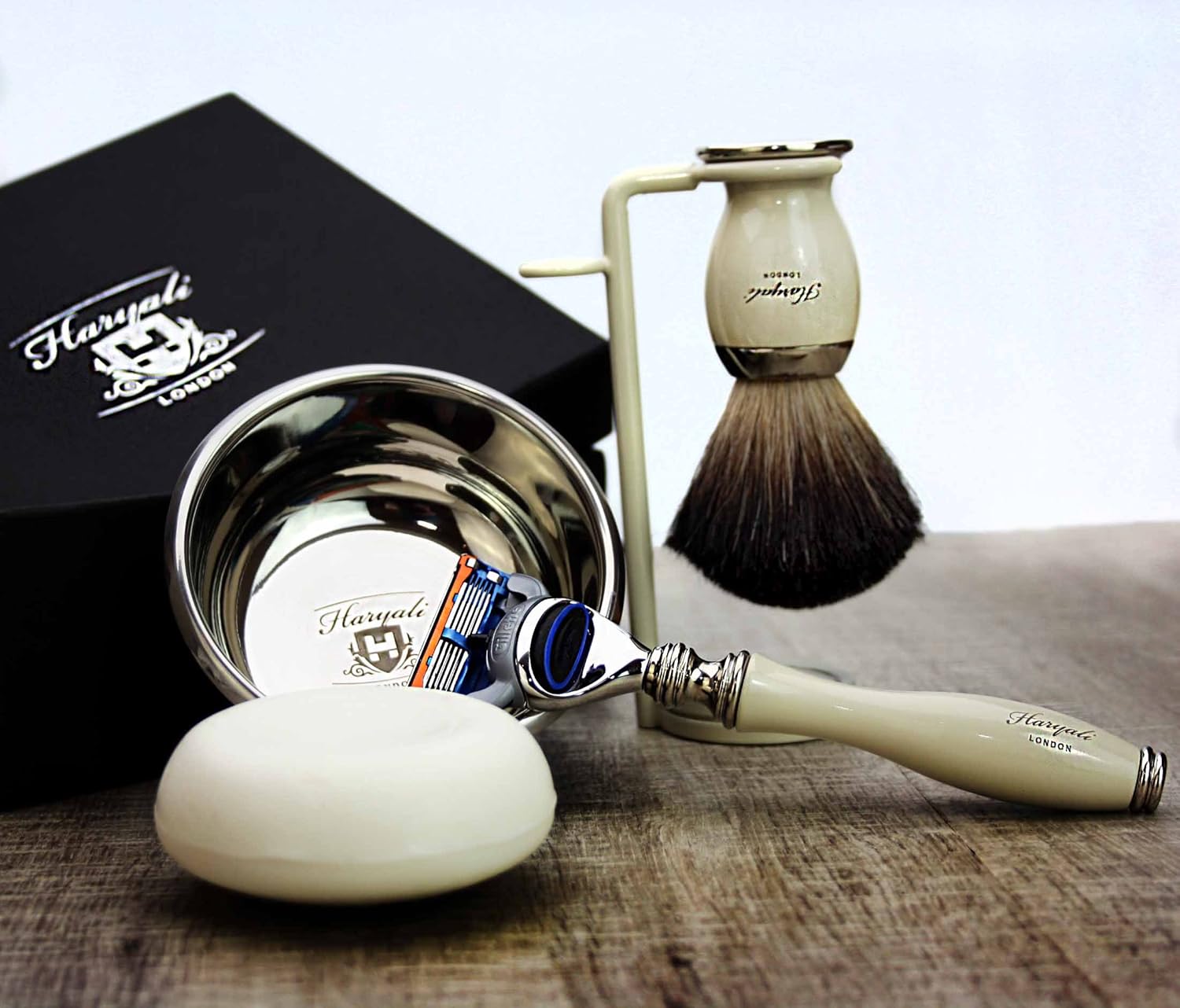 Haryali London 5Pc Mens Shaving Kit 5 Edge Shaving Razor, Black Badger Hair Brush, Bowl, Soap and Stand Perfect Set for Men - Image 4