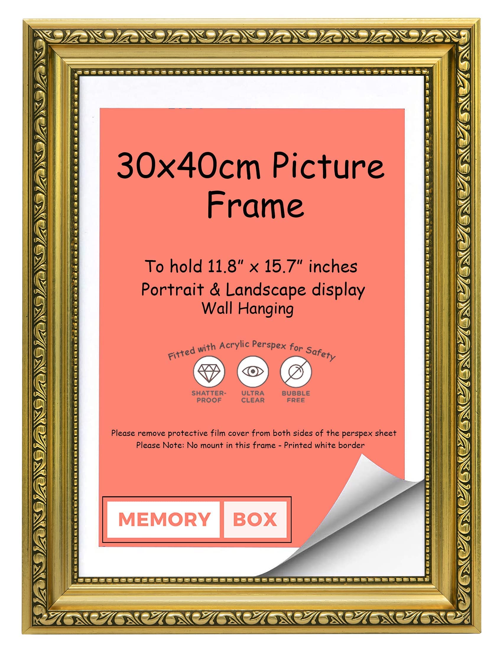 Ornate Shabby Chic Picture/Photo/Poster frame with Perspex Sheet - Moulding 33mm Wide and 27mm Deep - (30 x 40cm) Gold