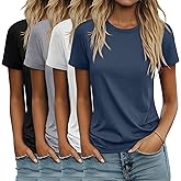 Ficerd 4 Pack Women's Cotton T Shirts Casual Short Sleeve Tunic Tops Crewneck Plain Summer Loose Fit Rolled Sleeve Basic Tee