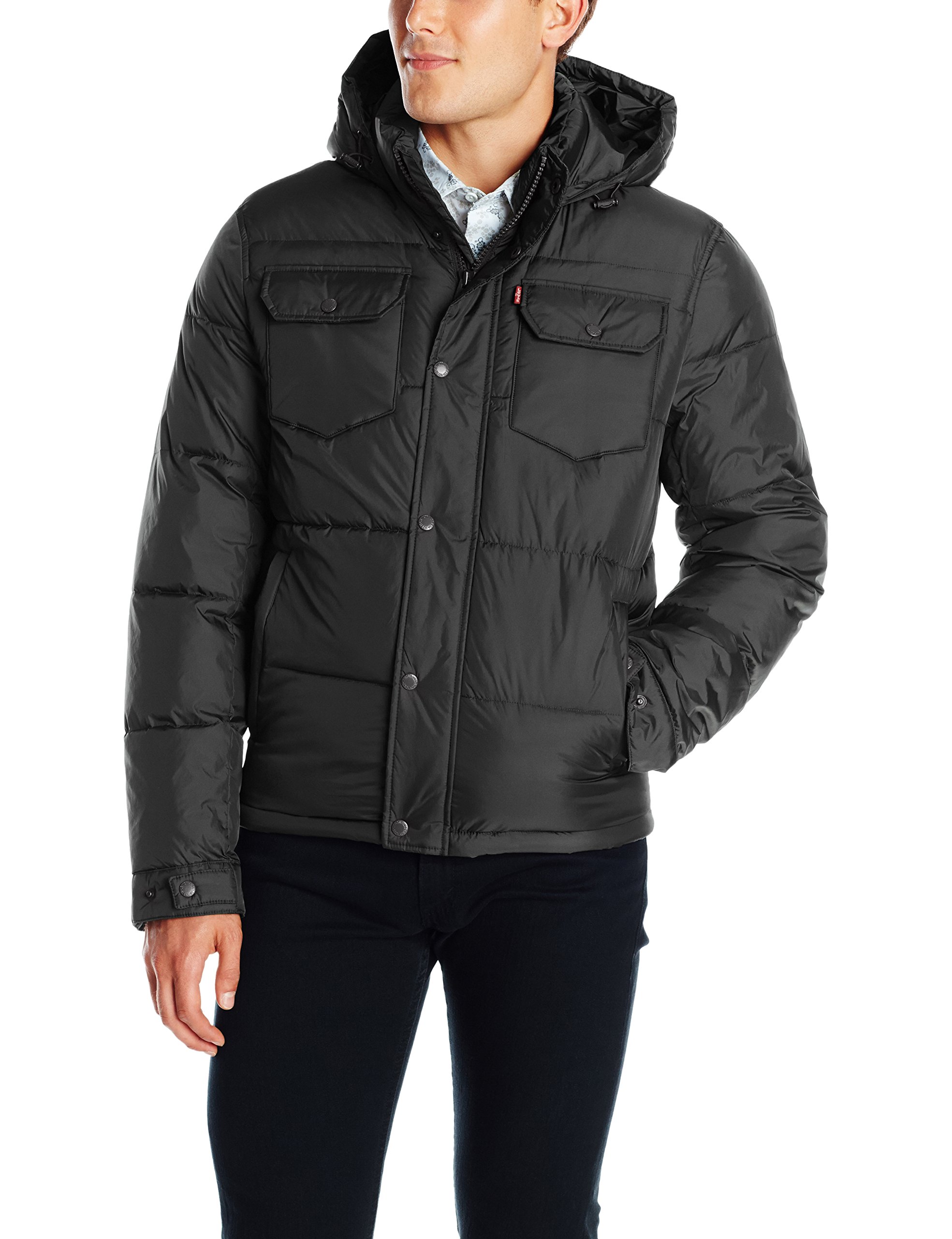 Levi's Men's Two Pocket Puffer Hooded Jacket, Black, Medium Homer's Coat