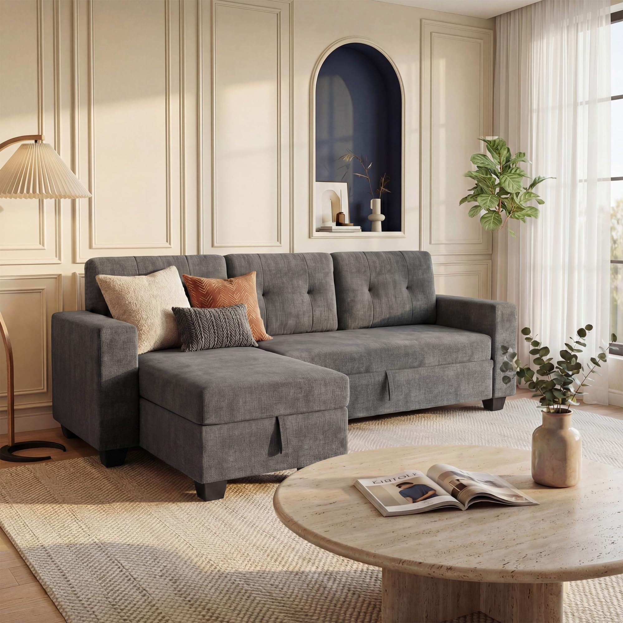 Photo 1 of ***Multiple Boxes*** ***Pick Up With Truck*** JUMMICO Sofa Bed, Sleeper Pull Out Couch with Reversible Storage Chaise, Convertible L Shaped Sectional Couches for Living Room, Apartment (Linen Fabric, Dark Grey)