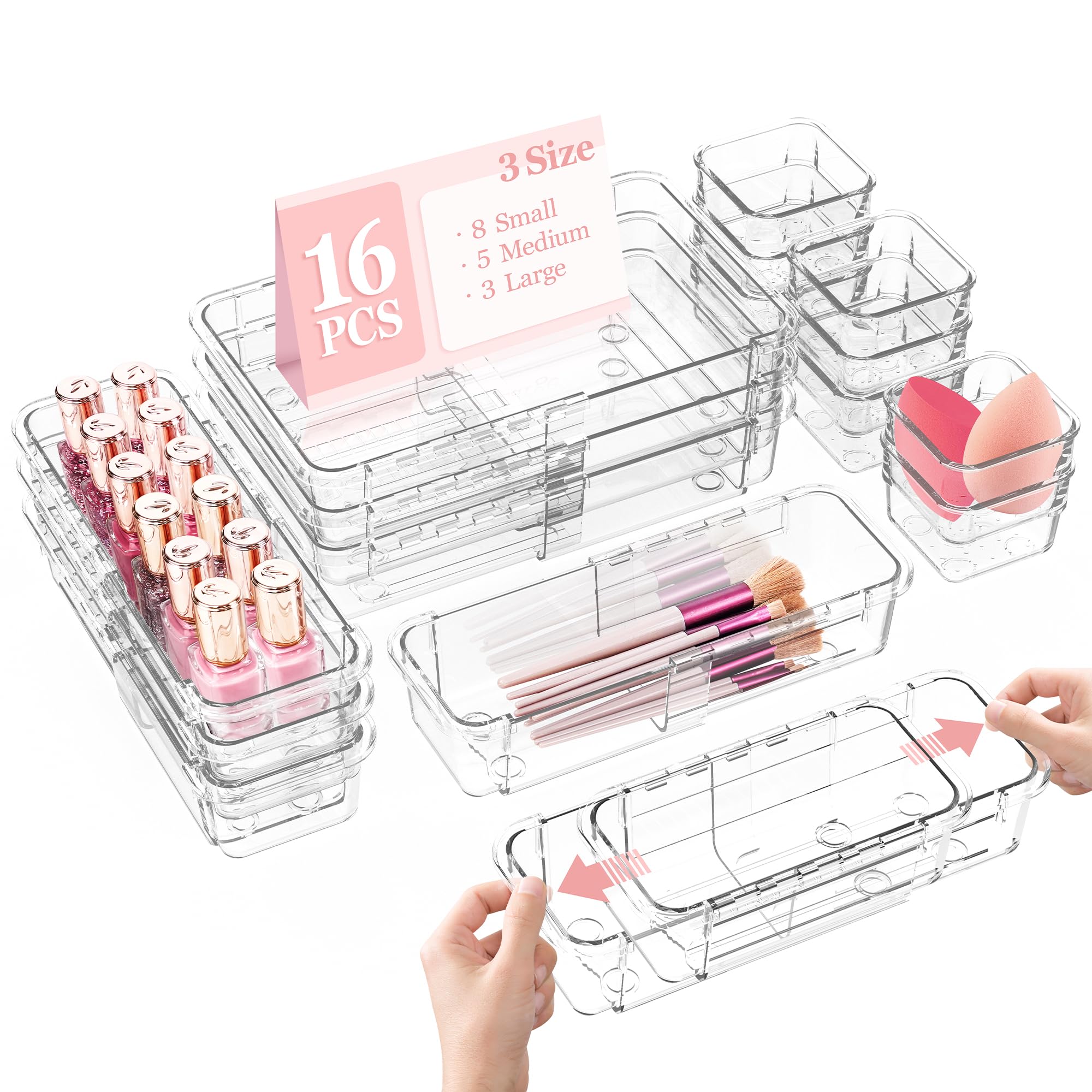Photo 1 of DILIBRA 16 Pcs Clear Extendable Drawer Organizer, Adjustable Drawer Storage 3-Size Desk Drawer Organizer, Plastic Non-Slip Storage Bins for Makeup, Cosmetic, Jewelries, Utensils, Stationery, Dressers