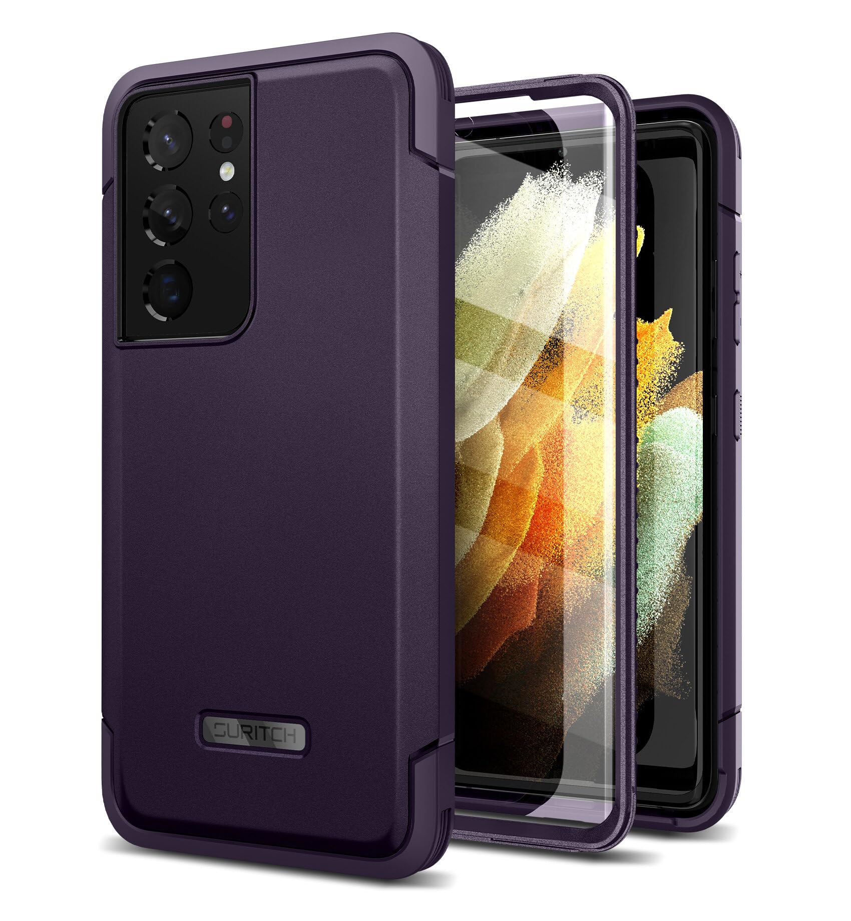 Photo 1 of SURITCH for Samsung Galaxy S21 Ultra Case, [2 Front Frames] Full-Body Heavy Duty Rugged Shockproof Protective Phone Cover with Built-in Screen Protector for Samsung S21 Ultra 6.8 Inch, Dark Purple