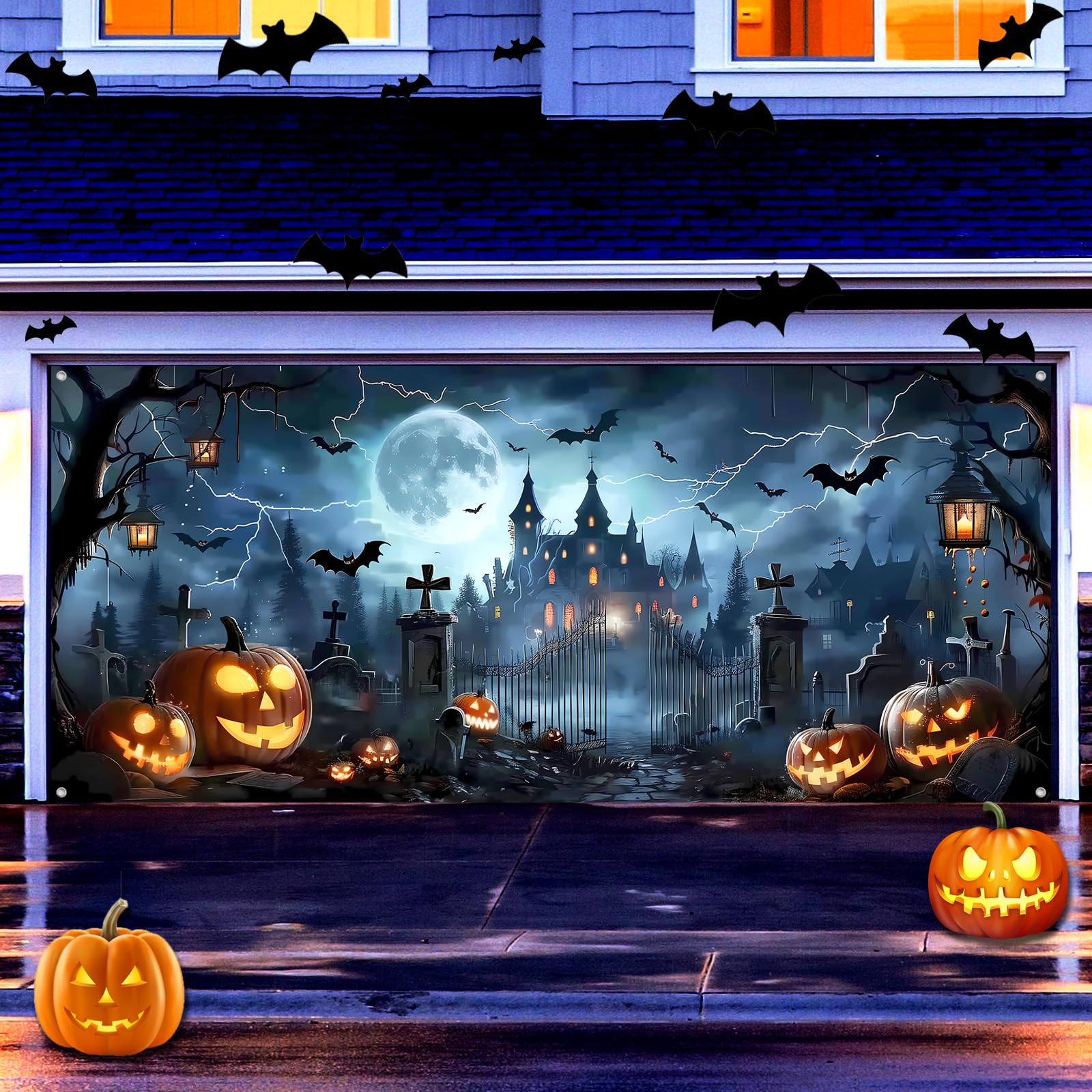 Photo 1 of 7x16ft Halloween Garage Door Cover Banner Large Hanging Backdrop Door Cover Gloomy Garage Wall Decoration Backdrop Mural for Home Outdoor Indoor Spooky Party Wall Window Yard Horror Graveyard