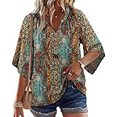 WIHOLL Boho Cute Summer Tops for Women 3/4 Sleeve Dressy Fashion V Neck Casual 2026 Business Beach Plus Size Holiday Blouses