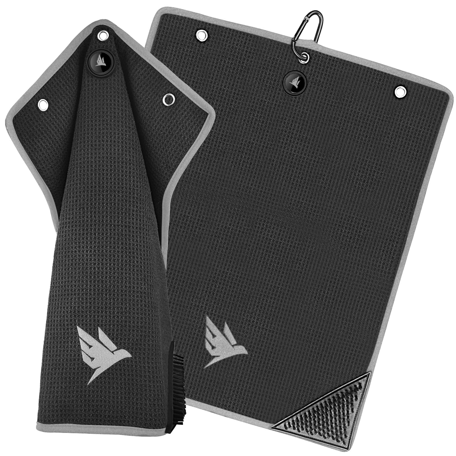 SWIFTEE Ultimate 4-in-1 Premium Golf Towel with Built-in Brush, Magnet, Ball Marker & Carabiner - 760GSM Microfibre Waffle Towel with Inner Wet Dry Liner (Black)