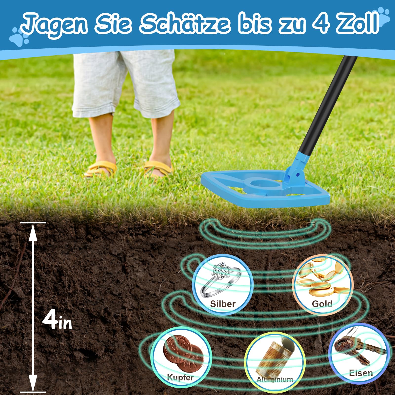 Metalldetektor Kinder, OMMO USB Wiederaufladbarer Metalldetektor mit Lustigem LCD-Display, 72-100cm Verstellbarer Leichter Metalldetektoren für Kinder, Erkundung im Freien, Azure 6
