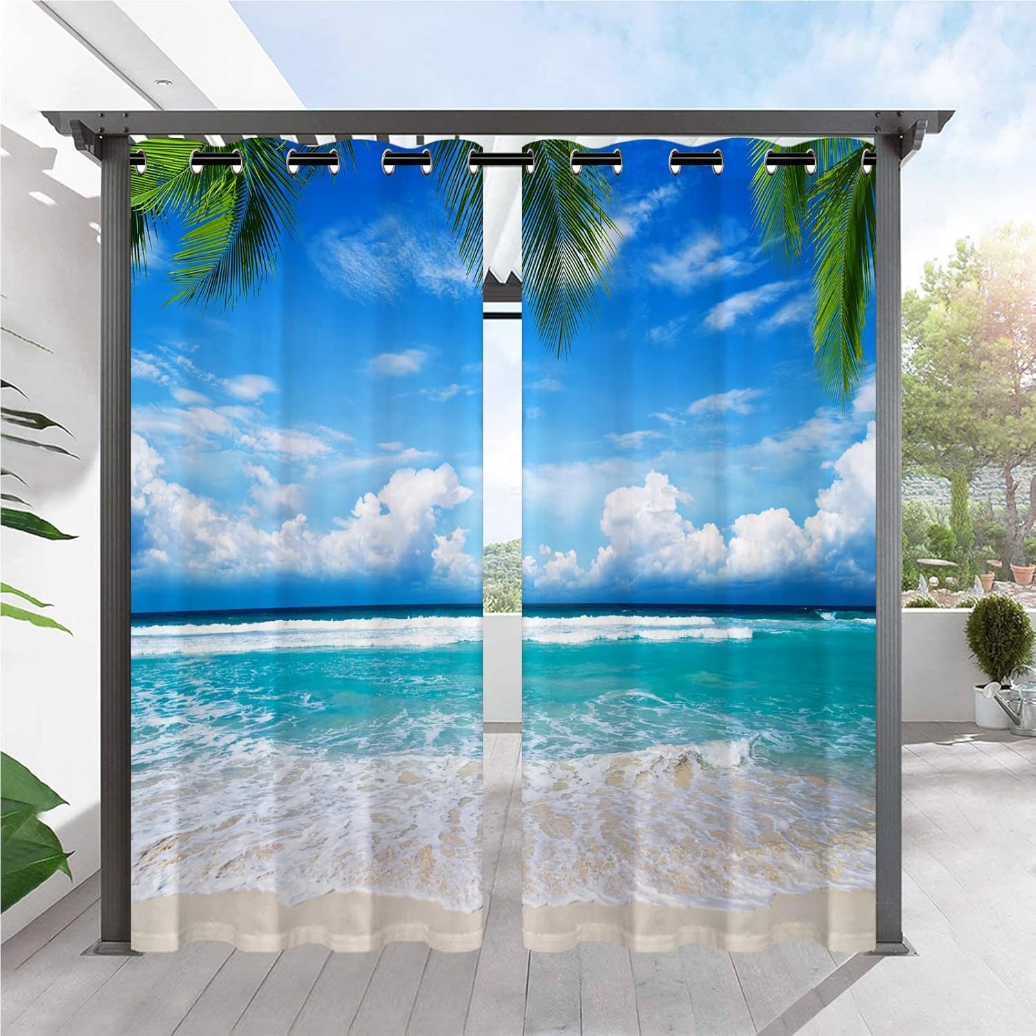 Outdoor Curtains - ANHOPE Custom Outdoor Curtains Customized Outside Curtains Personalized Grommet or Rod Pocket Design Tropical Ocean Beach Palm Tree Print Pattern Privacy Curtains for Patio Pergola Gazebo 2 Panels