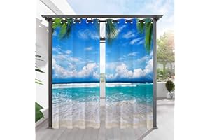 ANHOPE Waterproof Indoor/Outdoor Curtains for Patio/Bedroom/Pergola/Deck/Gazebo/Porch/Cabana, Grommet Privacy Curtains with Tropical Beach Ocean Palm Tree Print Pattern, 2 Panels, 54 x 84 Inch