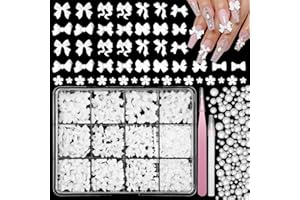 CYNAILLI White Bow Nail Charms Kit, 3D Bows Bow Tie Nail Art Charm Flowers Resin Nails Charms Flatback White Pearls, Mixed Bows Bowknots Charm for Acrylic Nails Art DIY Accessories