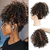 DOROJJ Curly Drawstring Ponytail Extension for Black Women Ponytail Extension Drawstring Ponytail Curly Hair Extensions for Women Short Ponytail for Black Women(Black with Caramel Brown)