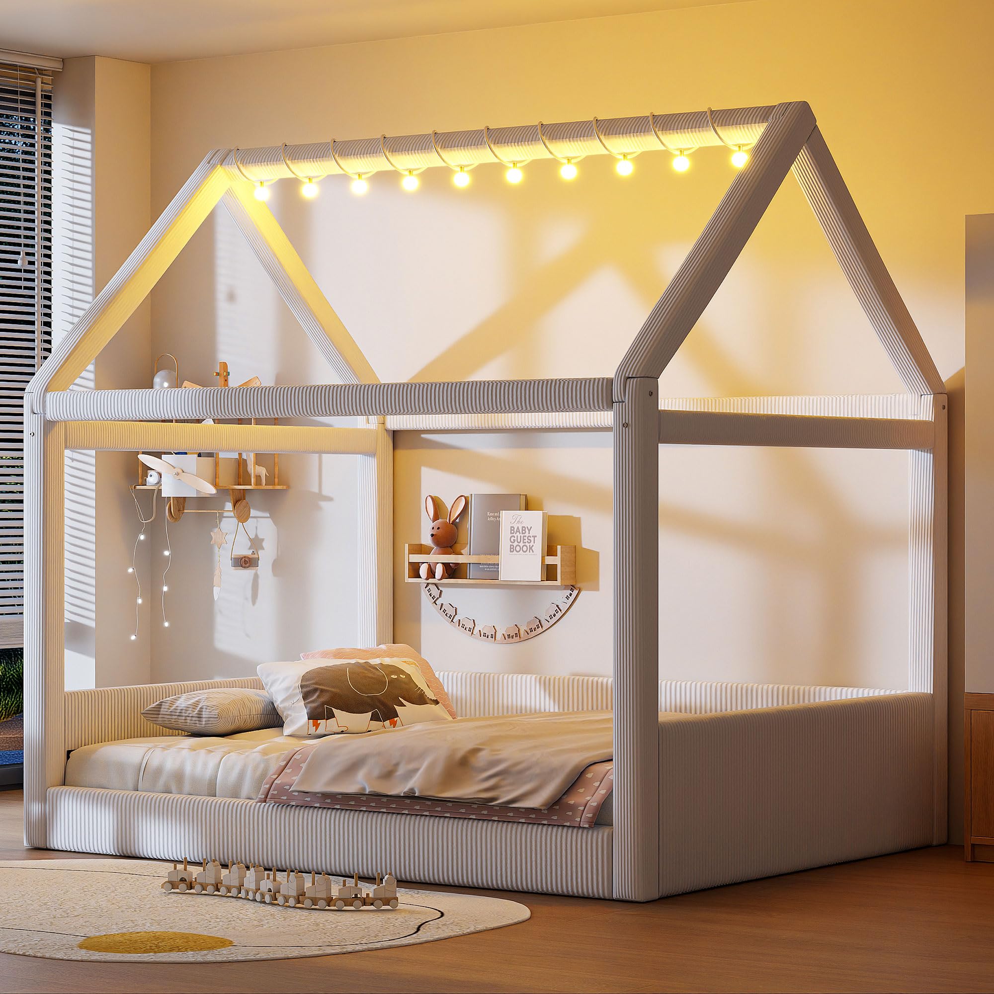 Photo 1 of ***(BOX 2 OF 2-MISSING BOX #1-SELLING AS IS -PARTS ONLY)*** 
Bellemave Kids Full Size Bed Frame with LED Light Strips, Upholstered House Bed for Kids, Wood Full Size Floor Bed with Slats, No Box Spring Needed, Beige