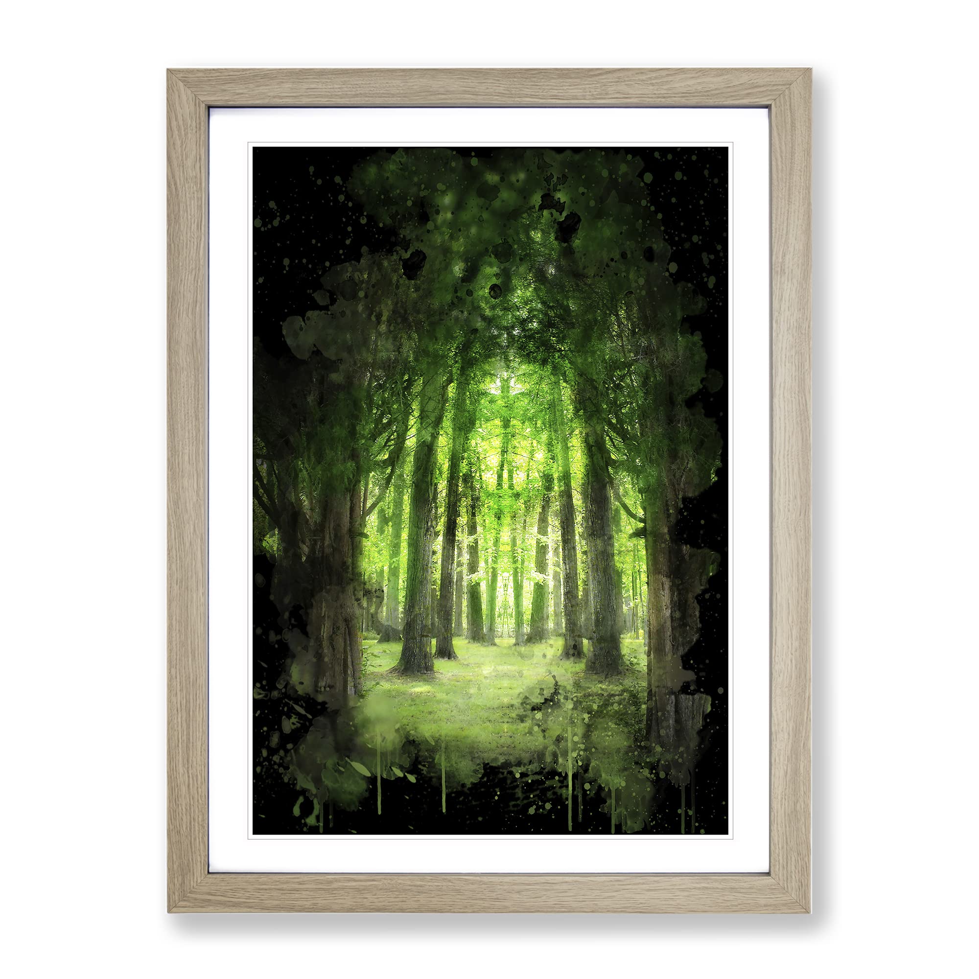 Green Forest Woodland Trees Landscape Modern Cb Framed Wall Art Print, Ready to Hang Picture for Living Room Bedroom Home Office Décor, Oak A4 (34 x 25 cm)