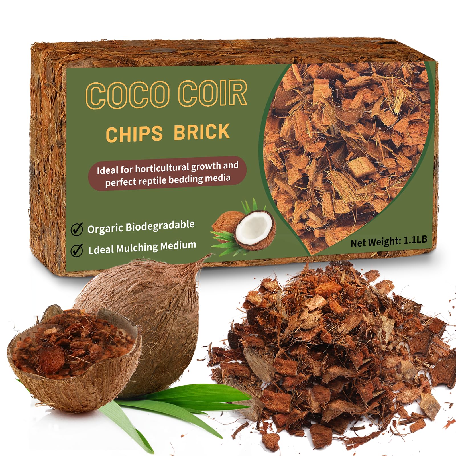 Coco Chips Substrate 1.1 LB, Organic Coconut Husk Brick with Low EC and pH Balanced, Easy to Expand Coco Coir Mulch Medium for Garden Flowers & Reptile Bedding (2 pack)