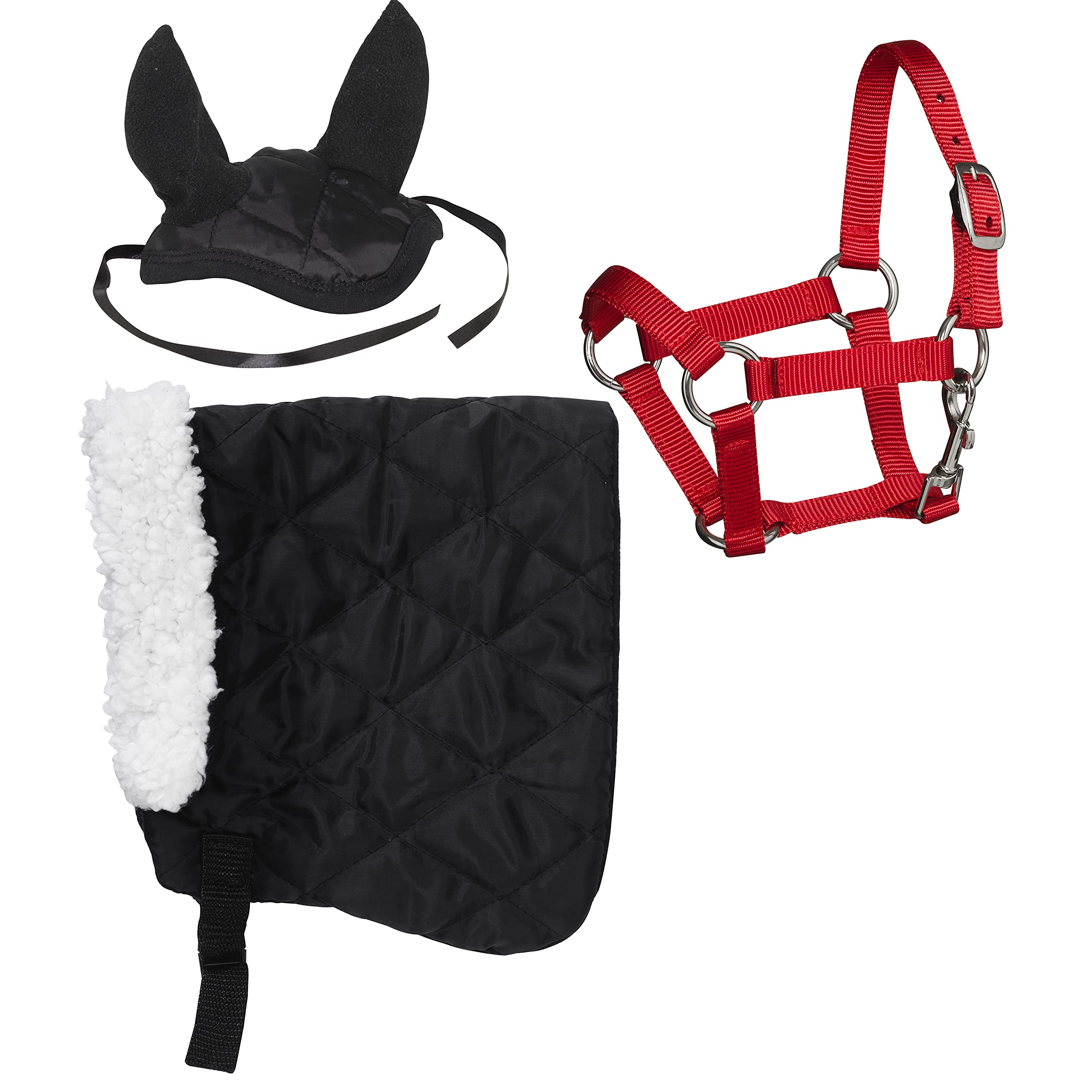 Panduro Hobby Horse Outfit Set, Wool Collar Blanket + Nylon Halter Bridle with Metal Buckles + Horse Ear Net Cover for Plush Horses, Black