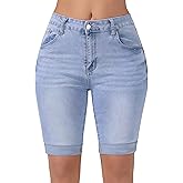 Queenwin Women's Mid Rise Bermuda Shorts Stretchy Long Rolled Hem Denim Jean Shorts