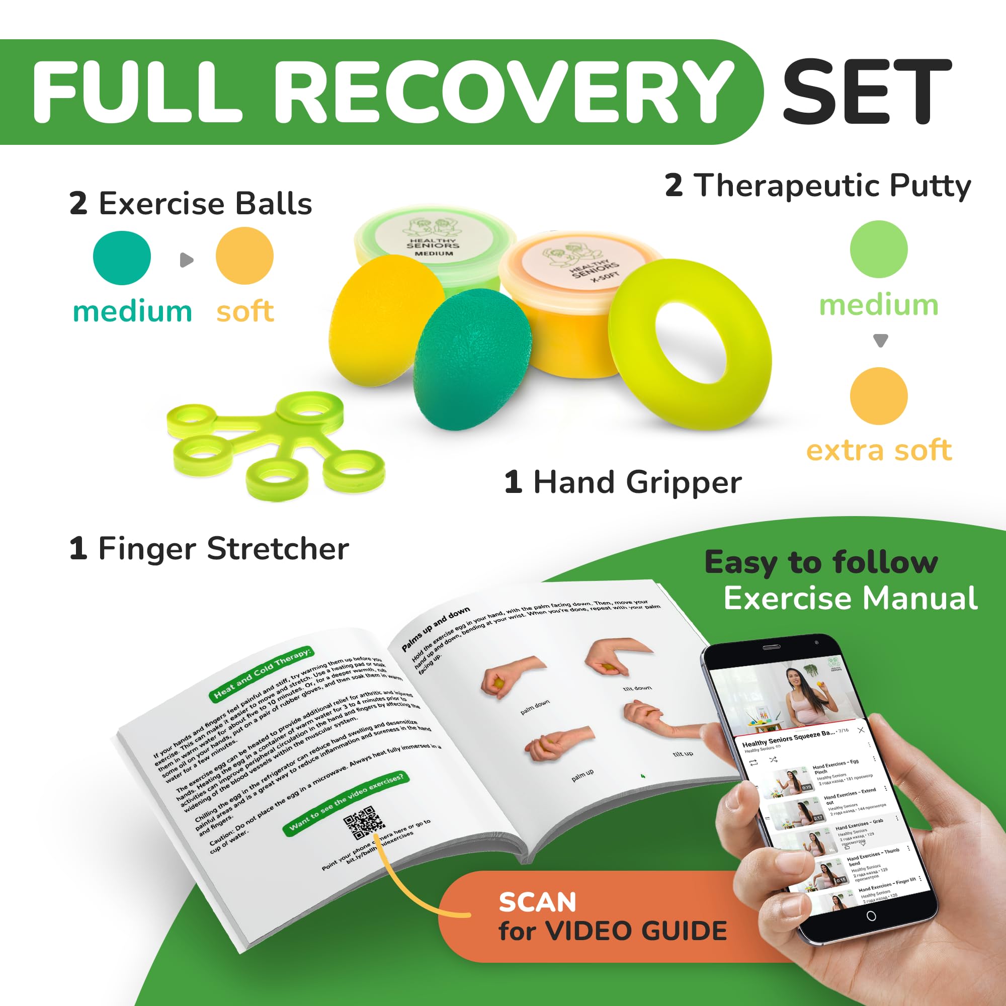 Healthy Seniors Physical Therapy Putty Kit, Finger Exercisers, and Hand Strengtheners. Improves Grip Strength, Dexterity, and Mobility. Supports Injury and Recovery Stress Relief