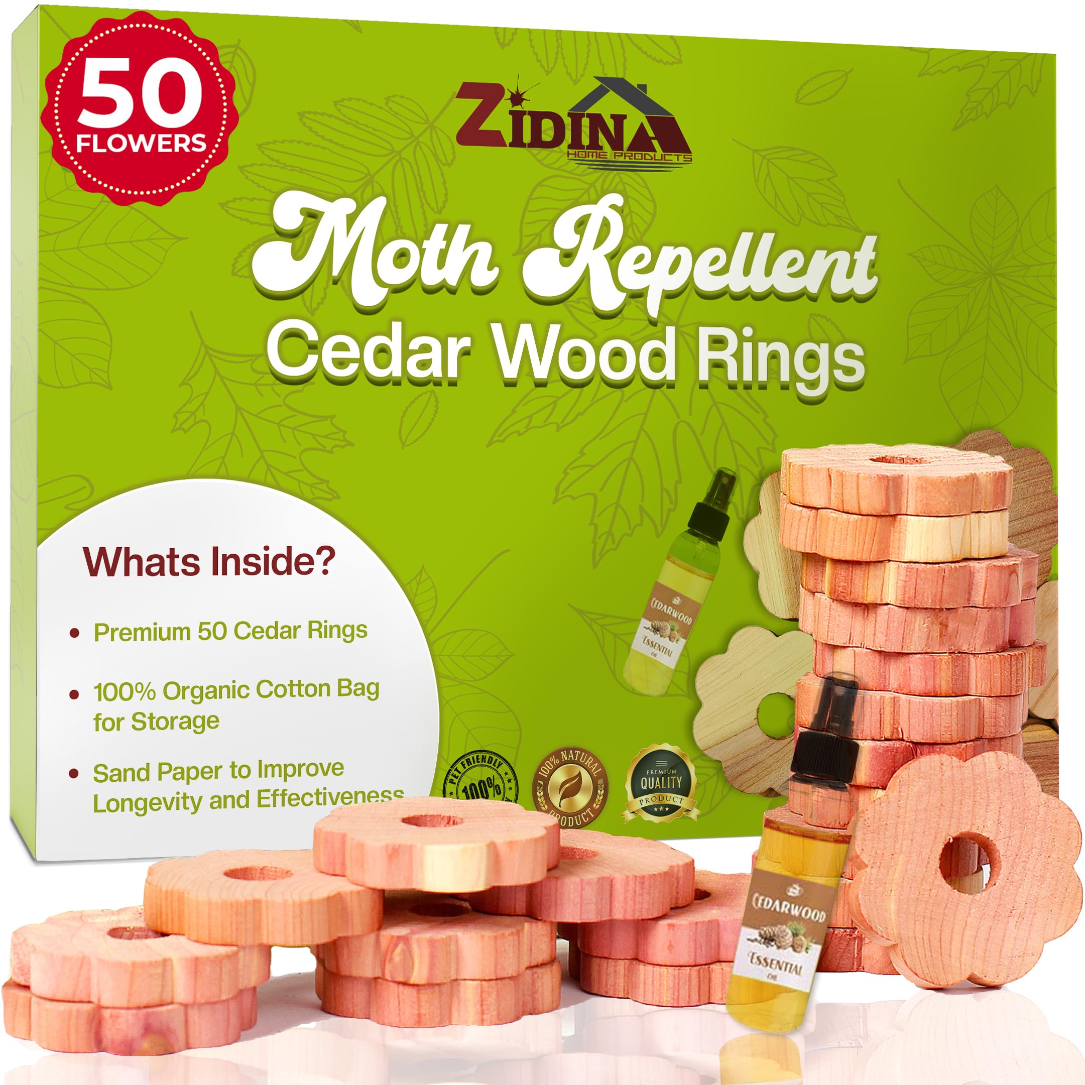 Zidina Moth Repellent for Wardrobes | 50x 100% Natural Cedar Wood Rings with Free 4.5ml Organic Cedar Oil | Wardrobe Fresheners | Includes Organic Fabric Bag & Sandpaper