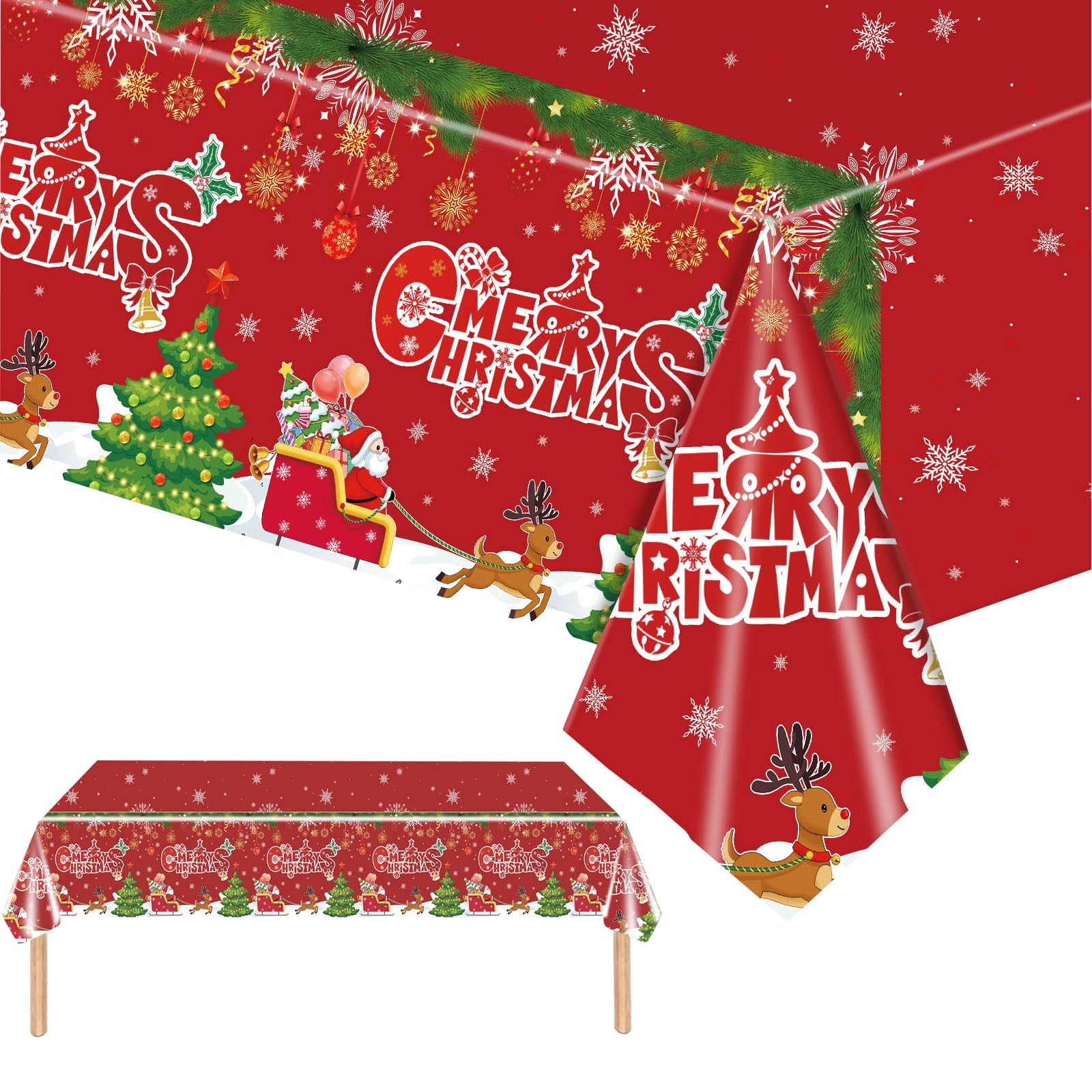 2 Pack Plastic Tablecloths, 137*274cm Red, Merry Christmas Xmas Table Covers for Large Party Tables, Winter Holiday, Christmas Table Décor