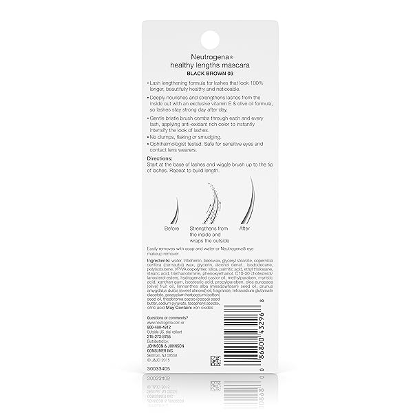 NEUTROGENA HEALTHY LENGTHS MASCARA FOR STRONGER, LONGER LASHES, CLUMP-, SMUDGE- AND FLAKE-FREE MASCARA WITH OLIVE OIL, VITAMIN E AND RICE PROTEIN, BLACK/BROWN 03,.21 OZ